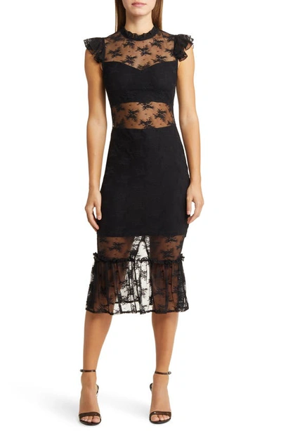 BEBE ILLUSION LACE MIDI DRESS