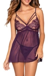 Dreamgirl Eyelash Lace Underwire Babydoll Chemise & Thong Set In Plum