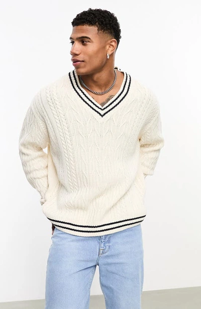 Asos Design Oversized Cable Knit Cricket Sweater In Cream & Navy Tipping-multi In White