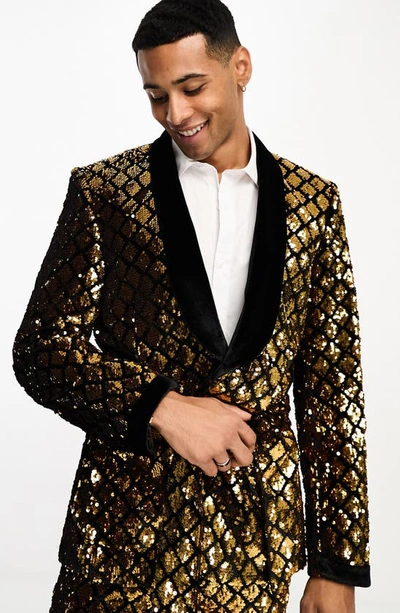 Asos Design Skinny Smoking Suit Jacket In Diamond Sequin In Gold In Black