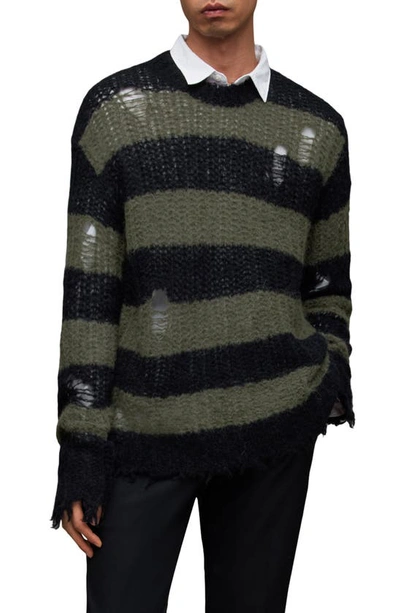 Allsaints Sid Destructed Crewneck Sweater In Black/green