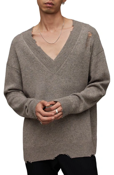 Allsaints Vicious Oversized V-neck Sweater In Fawn Brown Marl
