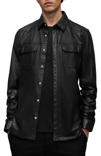 Allsaints Ivan Leather Snap Shirt In Black