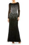 MAC DUGGAL SEQUIN EMBELLISHED BATEAU NECK LONG SLEEVE A-LINE GOWN