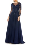 Mac Duggal Hand-embellished Lace Gown With Jeweled Embroidery In Midnight