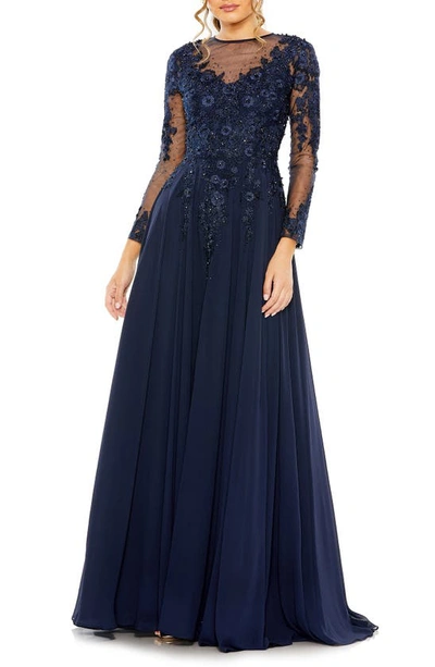 Mac Duggal Hand-embellished Lace Gown With Jeweled Embroidery In Blue