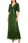 Mac Duggal Flutter Sleeve Deep V Ruffle Hem Sequin Gown In Emerald