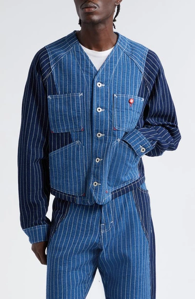Kenzo Patchwork Striped Denim Jacket In Medium Stone Blue Denim