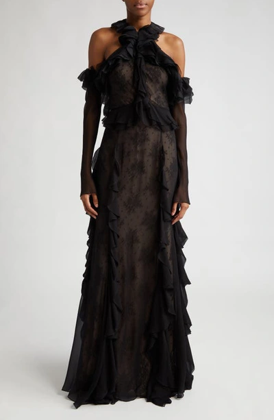 Jason Wu Collection Cold-shoulder Chiffon Lace Ruffle Gown In Black
