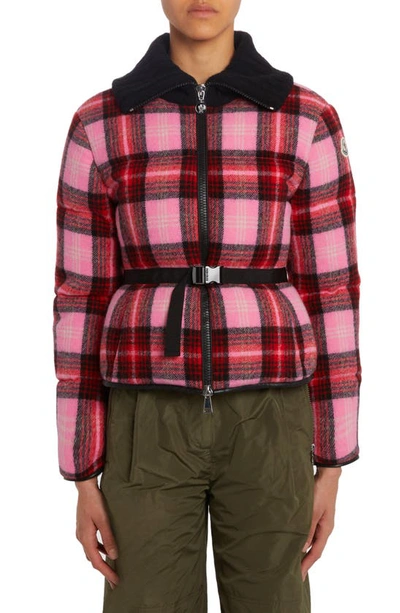 Moncler Zambeze Wool Check Belted Puffer Jacket In Pink Plaid