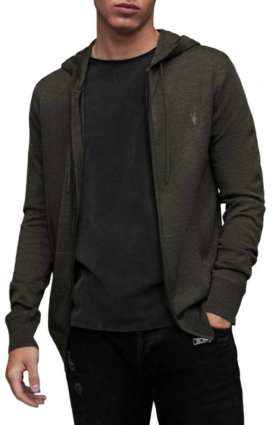 Allsaints Mode Merino Zip Up Ramskull Hoodie In Rye Grass Green Marl