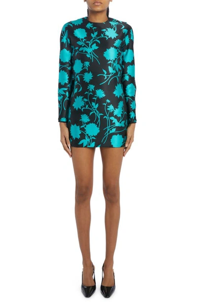 Versace Double Duchesse Floral-print Mini Cocktail Dress In Black Glacier Green