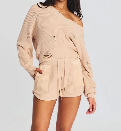 Ser.o.ya Syd Distressed Cotton V Neck Sweater In Cappuccino