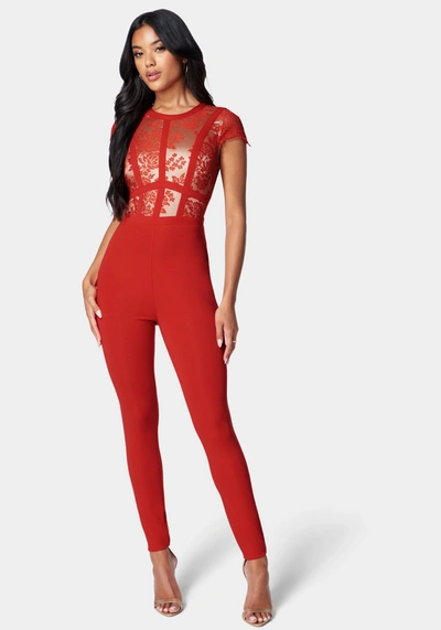 Bebe Caged Lace Catsuit In Red