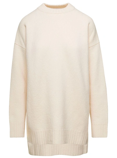JIL SANDER OVERSIZED WHITE CREWNECK SWEATER WITH SHORTER HEM AT THE FRONT IN WOOL WOMAN
