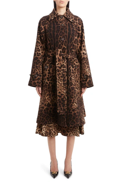 Dolce & Gabbana Belted Leopard-print Wool Coat In Light Brown Print