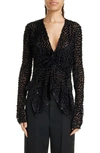 Isabel Marant Ulietta Metallic Velvet Burnout Long Sleeve Blouse In Black