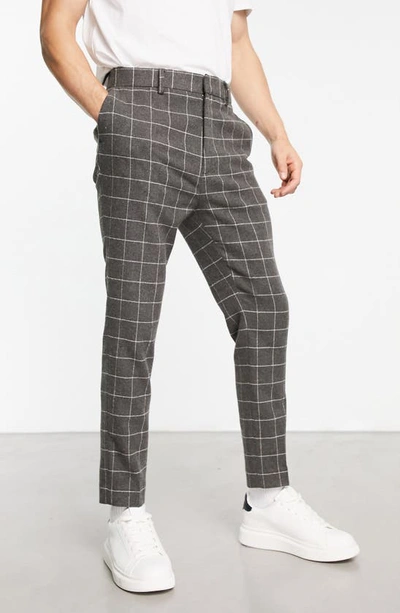 Asos Design Tapered Wool Mix Smart Pants In Charcoal Window Plaid-gray