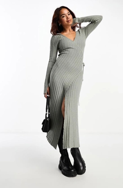 Asos Design Knit Midi Dress With Wrap Front In Gray