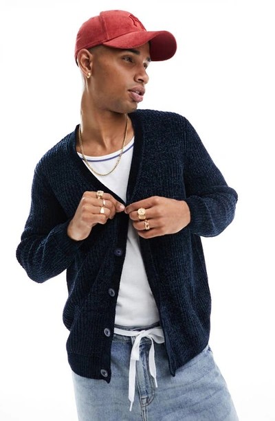 Asos Design Relaxed Knit Chenille Cardigan In Navy