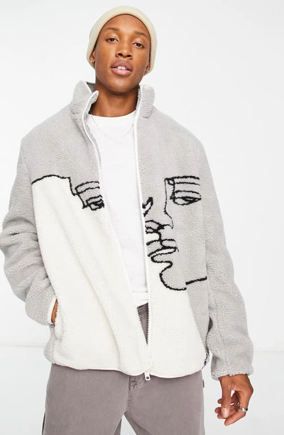Asos Design Oversized Borg Walker Jacket With Face Print In White And Gray