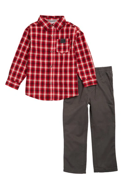 Calvin Klein Kids' Toddler Boys Plaid Long Sleeve Button Front Shirt And Prewashed Twill Pants, 2 Piece Set In Red