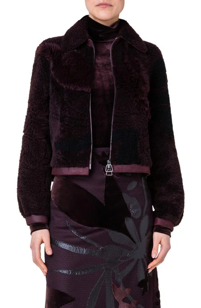 Akris Shearling Short Jacket With Flower Patchwork Details In Blackberry