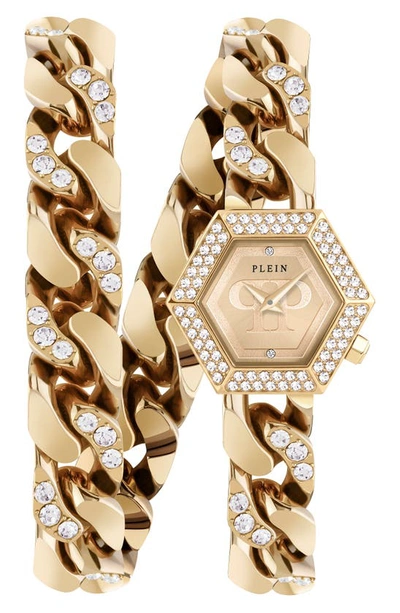 Philipp Plein Women's The Hexagon Gold-tone Stainless Steel Crystal Link Wrap Bracelet Watch 28mm In Ip Yellow Gold