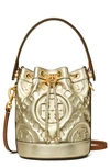 Tory Burch T-monogram Embossed Puffy Metallic Leather Bucket Bag In White Gold