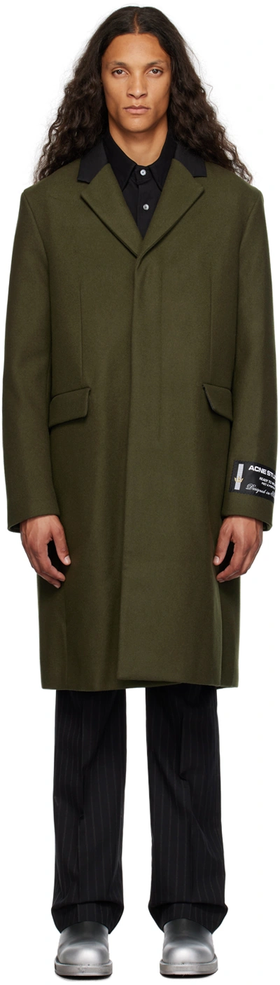Acne Studios Wool Blend Single-breasted Coat With Logoed Patch In Green