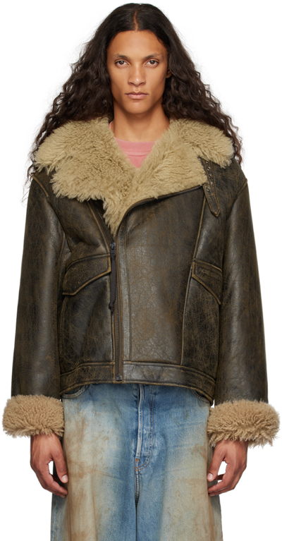 Acne Studios Contrast-lapel Distressed Boxy-fit Shearling Jacket In Brown/beige