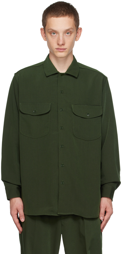 Beams Plus Mens Green Chest-pocket Long-sleeved Twill Shirt