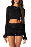 Edikted Delana Ruffle Cuff Pointelle Crop Sweater In Black
