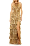 MAC DUGGAL PLEATED METALLIC HALTER GOWN