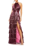 MAC DUGGAL PLEATED METALLIC HALTER GOWN