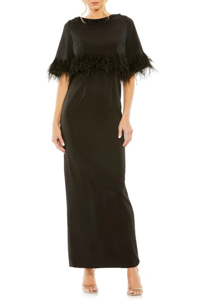 MAC DUGGAL EMBELLISHED NECK FEATHER TRIM COCKTAIL DRESS