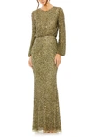Mac Duggal Beaded Long Sleeve Evening Gown In Olive