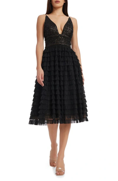 DRESS THE POPULATION BECCA SEQUIN & TULLE TIERED DRESS