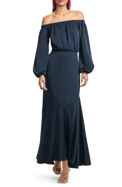 Sachin & Babi Kai Off The Shoulder Long Sleeve Satin Maxi Dress In Blue