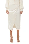 French Connection Inu Satin Faux Wrap Midi Skirt In Classic Cream