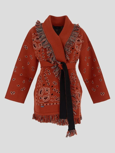 Alanui Bandana Jacquard Fringed Belted Cardigan In Red