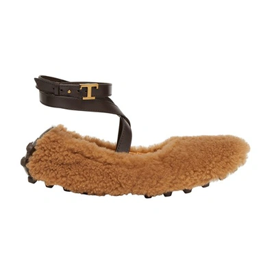 Tod's Ankle Strap Bubble Ballerina Shearling Flats In Tan