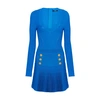 Balmain Long-sleeve Double-breasted Pleated Knit Mini Dress In Blue