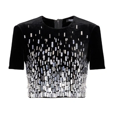 Balmain Sequin-embellished Cropped Blouse In Silver