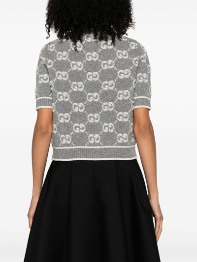 Gucci Grey Gg-jacquard Wool Knitted Top In Grey,ivory