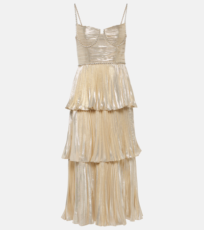 Self-portrait Gold Metallic Tiered Diamante-trim Midi Dress