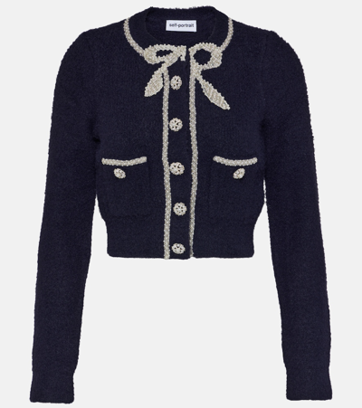 Self-portrait Crystal-embellished Knitted Cardigan In Blue