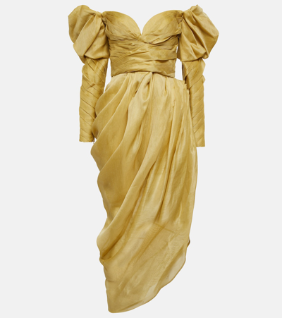 Zimmermann Sensory Off-the-shoulder Draped Asymmeteric Linen And Silk-blend Midi Dress In Gold