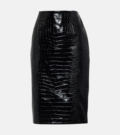 Balenciaga Croco Print Leather Midi Skirt In Nero