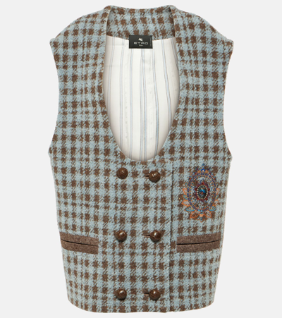 Etro Madras Checked Wool Blend Vest In Grey